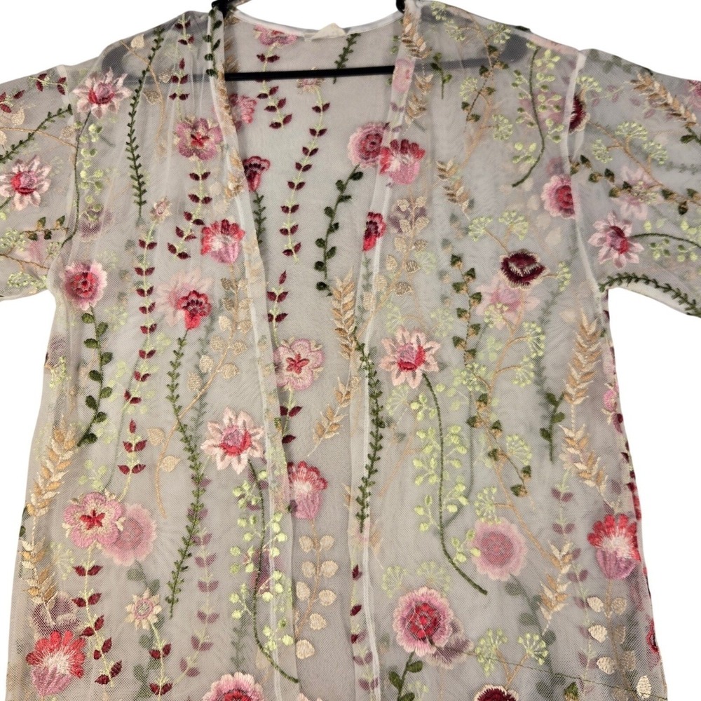 Trendy JS Floral Embroidered‎ Mesh Kimono Cardigan White Pink Large Boho Sheer
